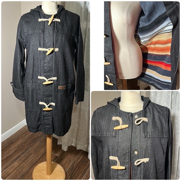 Denim&Co Jackets & Blazers - Denim & Co Lined Charcoal Denim Utility Hooded Coat Toggle Button Closure M NEW